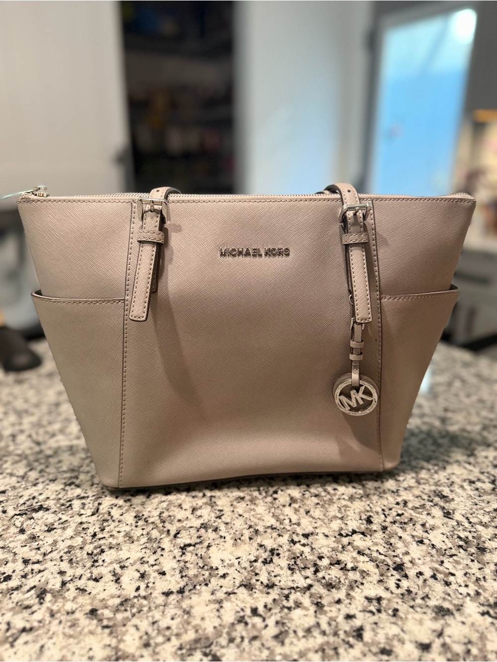 Michael Kors Beige Saffiano Leather Tote with MK Charm
